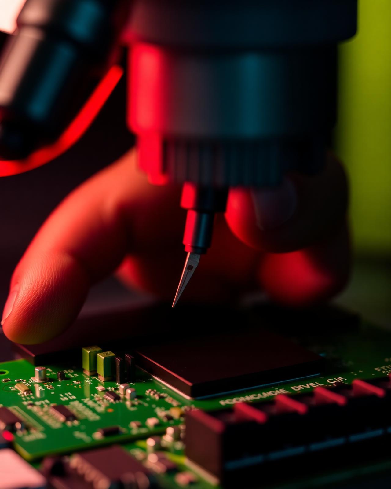 Técnico realizando reparo em placa de circuito sob microscópio