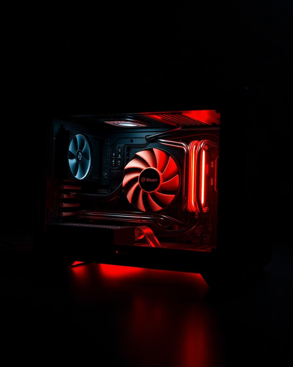 Console aberto com cooler e iluminação vermelha
