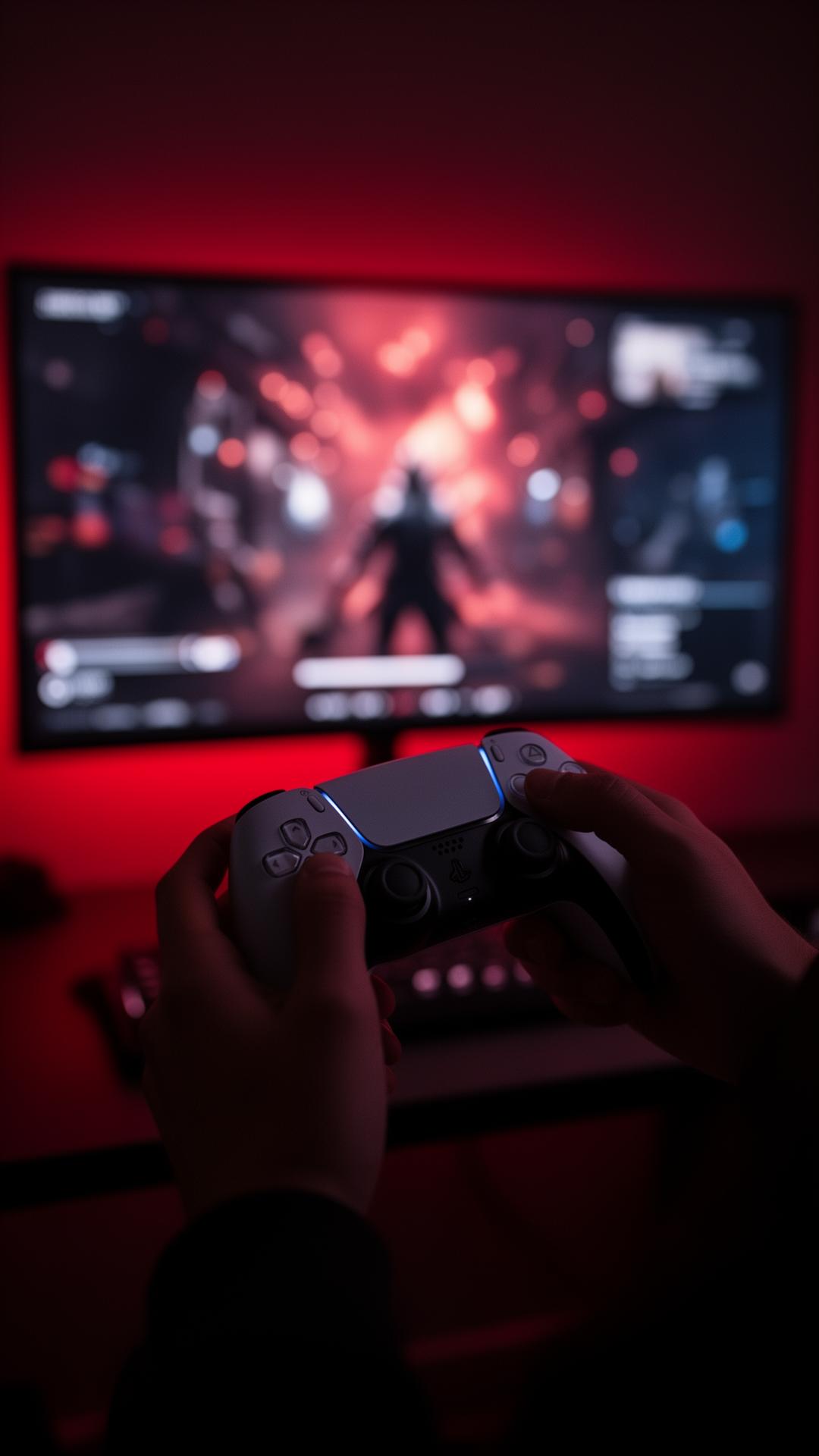 Jogador segurando controle DualSense em setup com iluminação vermelha cinematográfica